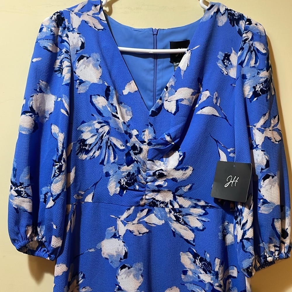 Womens New JH Blue Floral Midi Zip V-Neck 3/4 Sleeves Dress - Picture 2 of 7